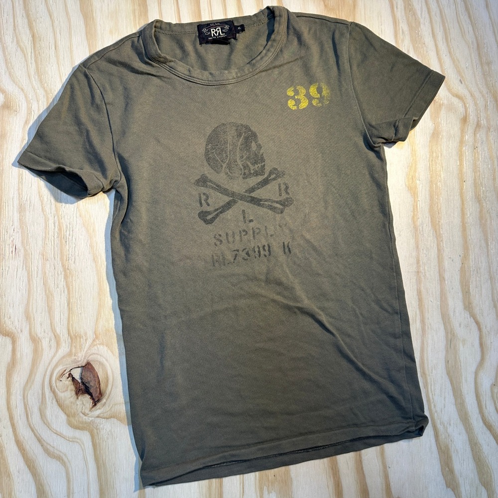 Vintage RRL Ralph Lauren Skull Crossbones Green Distressed Graphic Tee Size XS